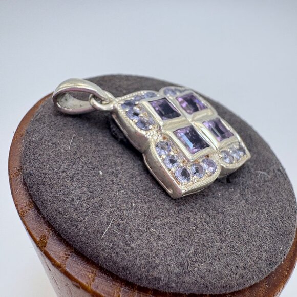 VTG Sterling Silver 925 Amethyst & Blue Cubic Zirconia Pendant Size 1.25" Length - Picture 3 of 10